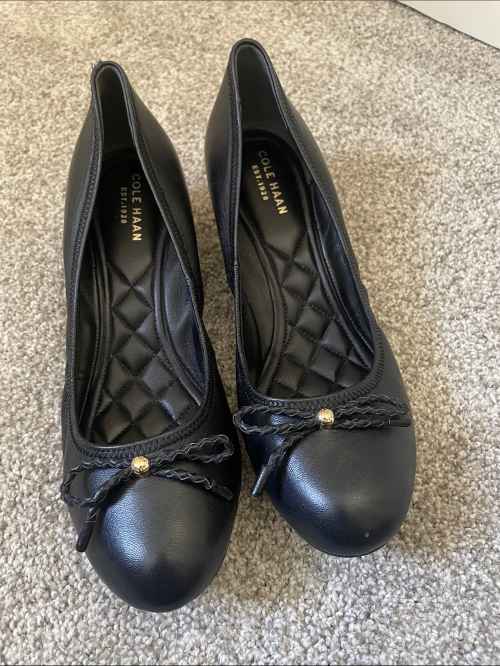 Cole Haan Tali Grand Wedge Sz 9 Black Leather Ballet Flats Braided Bow 1.5” heel